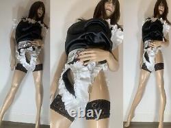 High Shine Silky Soft DOUBLE Satin, Sissy Maid Front Zipper Romper Black