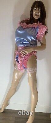 High Shine Silky Soft DOUBLE Satin, Sissy Maid Front Zipper Romper Blue