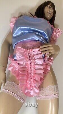 High Shine Silky Soft DOUBLE Satin, Sissy Maid Front Zipper Romper Blue