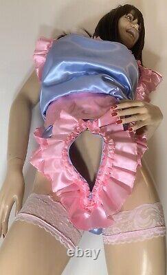 High Shine Silky Soft DOUBLE Satin, Sissy Maid Front Zipper Romper Blue