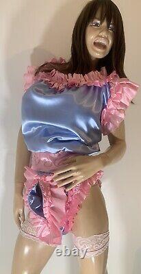 High Shine Silky Soft DOUBLE Satin, Sissy Maid Front Zipper Romper Blue