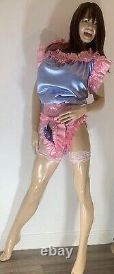 High Shine Silky Soft DOUBLE Satin, Sissy Maid Front Zipper Romper Blue