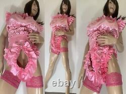 High Shine Silky Soft DOUBLE Satin, Sissy Maid Front Zipper Romper Candy Pink