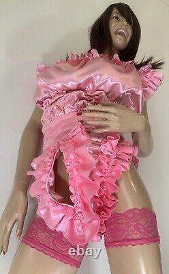 High Shine Silky Soft DOUBLE Satin, Sissy Maid Front Zipper Romper Candy Pink