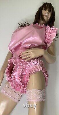 High Shine Silky Soft DOUBLE Satin, Sissy Maid Front Zipper Romper Candy Pink