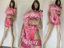 High Shine Silky Soft DOUBLE Satin, Sissy Maid Front Zipper Romper Candy Pink