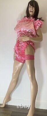 High Shine Silky Soft DOUBLE Satin, Sissy Maid Front Zipper Romper Candy Pink