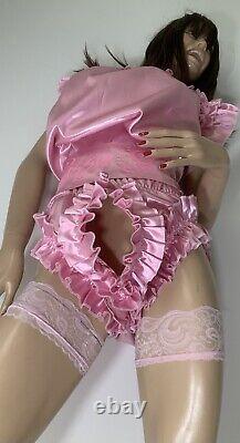 High Shine Silky Soft DOUBLE Satin, Sissy Maid Front Zipper Romper Candy Pink