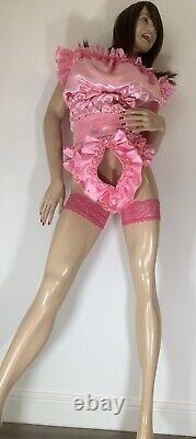 High Shine Silky Soft DOUBLE Satin, Sissy Maid Front Zipper Romper Candy Pink