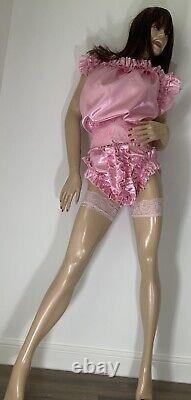 High Shine Silky Soft DOUBLE Satin, Sissy Maid Front Zipper Romper Candy Pink