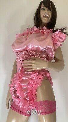 High Shine Silky Soft DOUBLE Satin, Sissy Maid Front Zipper Romper Candy Pink