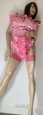 High Shine Silky Soft DOUBLE Satin, Sissy Maid Front Zipper Romper Candy Pink