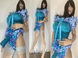 High Shine Silky Soft DOUBLE Satin Sissy Maid Padded/Ribbed Sleeve Romper Aqua