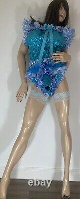 High Shine Silky Soft DOUBLE Satin Sissy Maid Padded/Ribbed Sleeve Romper Aqua