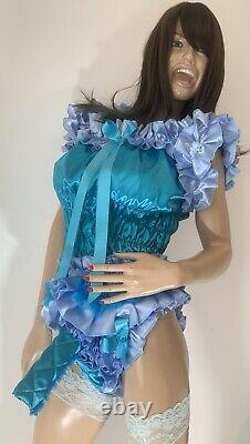 High Shine Silky Soft DOUBLE Satin Sissy Maid Padded/Ribbed Sleeve Romper Aqua