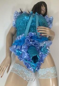 High Shine Silky Soft DOUBLE Satin Sissy Maid Padded/Ribbed Sleeve Romper Aqua