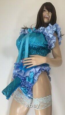 High Shine Silky Soft DOUBLE Satin Sissy Maid Padded/Ribbed Sleeve Romper Aqua