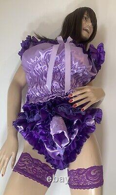 High Shine Silky Soft DOUBLE Satin Sissy Maid Padded/Ribbed Sleeve Romper Lilac