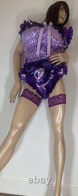 High Shine Silky Soft DOUBLE Satin Sissy Maid Padded/Ribbed Sleeve Romper Lilac