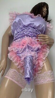 High Shine Silky Soft DOUBLE Satin, Sissy Maid Padded/Ribbed Sleeve Romper Lilac