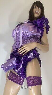 High Shine Silky Soft DOUBLE Satin Sissy Maid Padded/Ribbed Sleeve Romper Lilac