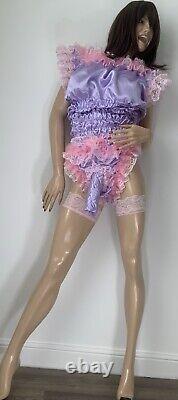 High Shine Silky Soft DOUBLE Satin, Sissy Maid Padded/Ribbed Sleeve Romper Lilac