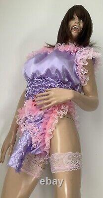 High Shine Silky Soft DOUBLE Satin, Sissy Maid Padded/Ribbed Sleeve Romper Lilac