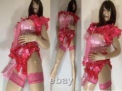 High Shine Silky Soft DOUBLE Satin Sissy Maid Padded/Ribbed Sleeve Romper Pink