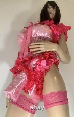 High Shine Silky Soft DOUBLE Satin Sissy Maid Padded/Ribbed Sleeve Romper Pink