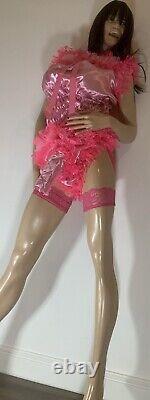 High Shine Silky Soft DOUBLE Satin Sissy Maid Padded/Ribbed Sleeve Romper Pink