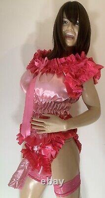 High Shine Silky Soft DOUBLE Satin Sissy Maid Padded/Ribbed Sleeve Romper Pink