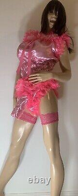 High Shine Silky Soft DOUBLE Satin Sissy Maid Padded/Ribbed Sleeve Romper Pink