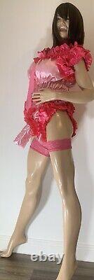 High Shine Silky Soft DOUBLE Satin Sissy Maid Padded/Ribbed Sleeve Romper Pink