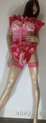 High Shine Silky Soft DOUBLE Satin Sissy Maid Padded/Ribbed Sleeve Romper Pink