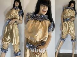 High Shine Silky Soft Satin Sissy Maid Vinyl Text 3/4 Romper/Play Suit Gold