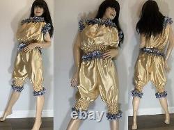 High Shine Silky Soft Satin Sissy Maid Vinyl Text 3/4 Romper/Play Suit Gold