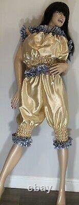 High Shine Silky Soft Satin Sissy Maid Vinyl Text 3/4 Romper/Play Suit Gold