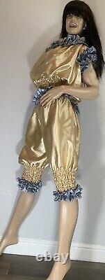 High Shine Silky Soft Satin Sissy Maid Vinyl Text 3/4 Romper/Play Suit Gold