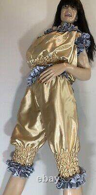 High Shine Silky Soft Satin Sissy Maid Vinyl Text 3/4 Romper/Play Suit Gold