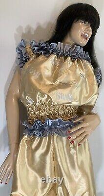 High Shine Silky Soft Satin Sissy Maid Vinyl Text 3/4 Romper/Play Suit Gold