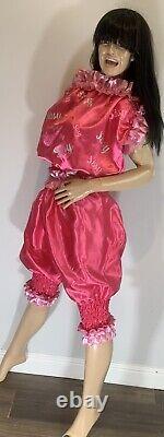High Shine Silky Soft Satin, Sissy Maid Vinyl Text 3/4 Romper/Play Suit Hot Pink