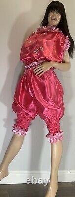 High Shine Silky Soft Satin, Sissy Maid Vinyl Text 3/4 Romper/Play Suit Hot Pink