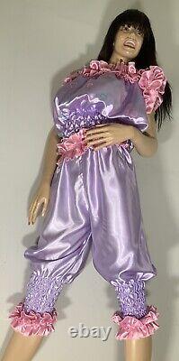 High Shine Silky Soft Satin Sissy Maid Vinyl Text 3/4 Romper/Play Suit Lilac