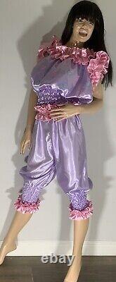 High Shine Silky Soft Satin Sissy Maid Vinyl Text 3/4 Romper/Play Suit Lilac