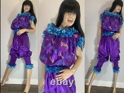 High Shine Silky Soft Satin Sissy Maid Vinyl Text 3/4 Romper/Play Suit Purple