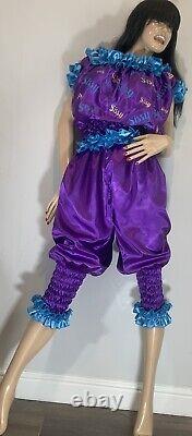 High Shine Silky Soft Satin Sissy Maid Vinyl Text 3/4 Romper/Play Suit Purple