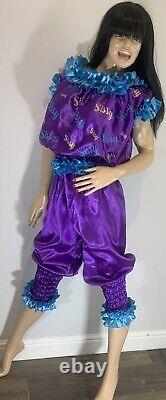 High Shine Silky Soft Satin Sissy Maid Vinyl Text 3/4 Romper/Play Suit Purple