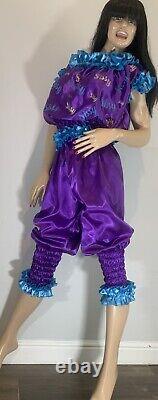 High Shine Silky Soft Satin Sissy Maid Vinyl Text 3/4 Romper/Play Suit Purple