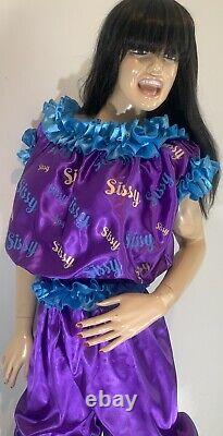 High Shine Silky Soft Satin Sissy Maid Vinyl Text 3/4 Romper/Play Suit Purple