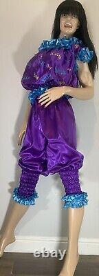 High Shine Silky Soft Satin Sissy Maid Vinyl Text 3/4 Romper/Play Suit Purple